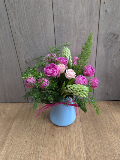 Mayday Friday is a flower day special - Beautiful scented blue hyacinth with pink spray roses in one of our eco vases made from recycled plastic. Available for delivery or collection Friday 1st of May or Saturday 2nd of May